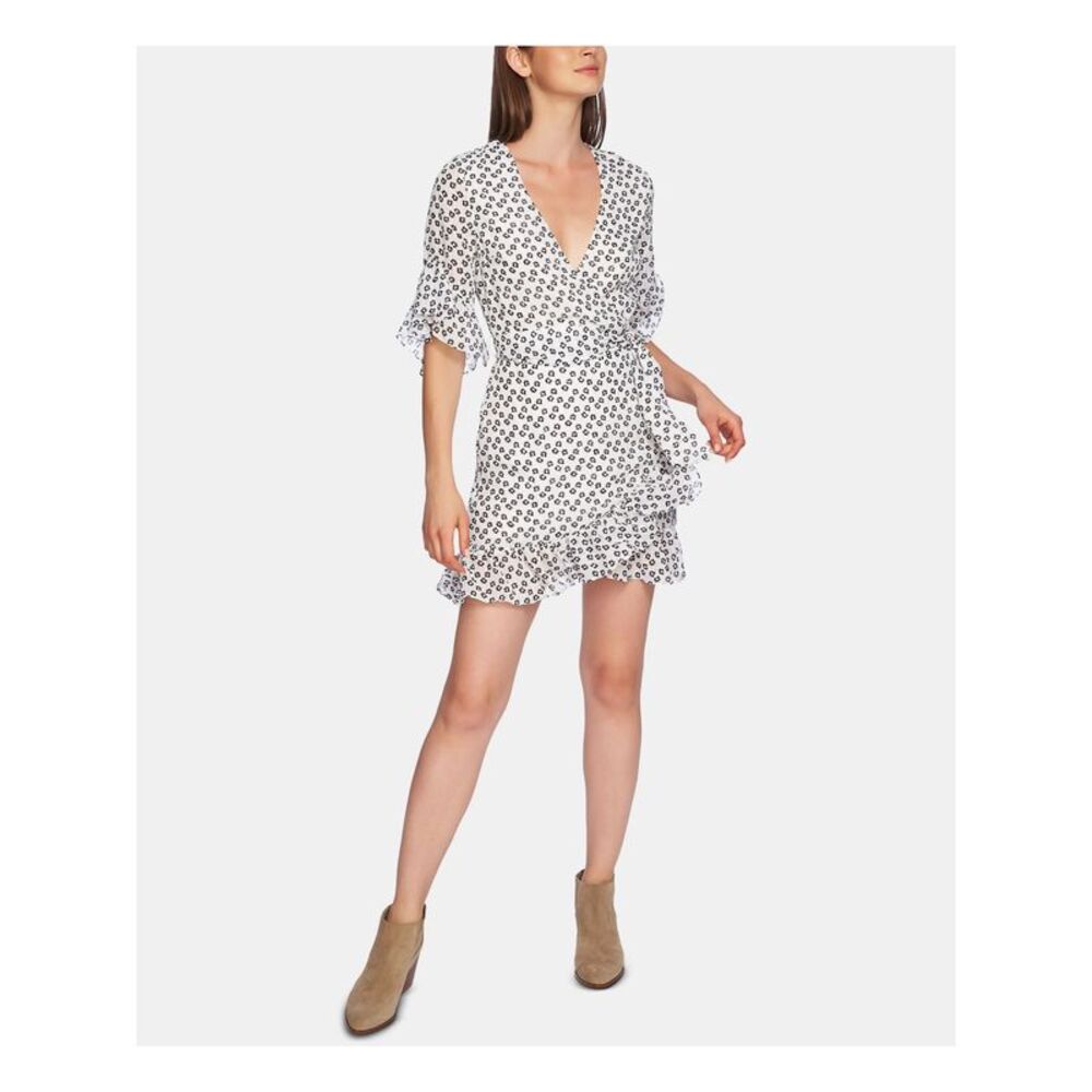 1. STATE Womens Ivory Self-tie Belt Elbow Sleeve Short Faux Wrap Dress 4